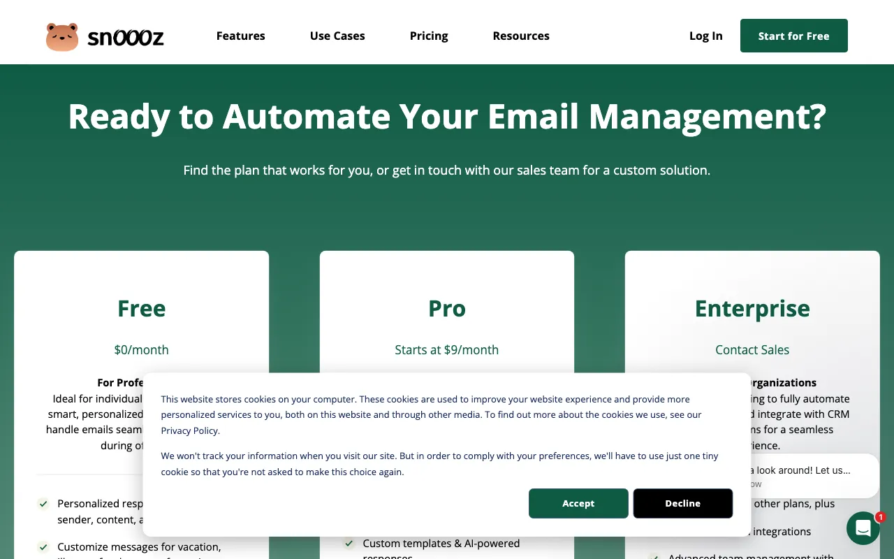 Snoooz AI — pricing page