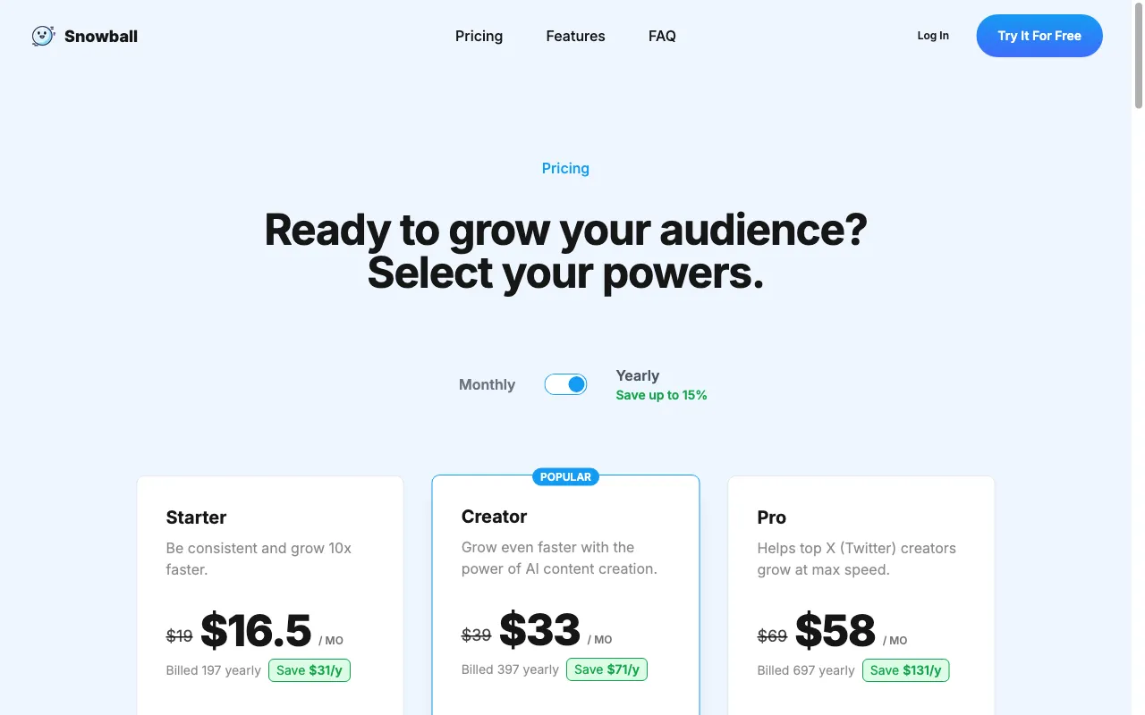 Snowball — pricing page