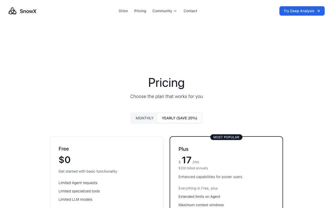 SnowX.ai — pricing page