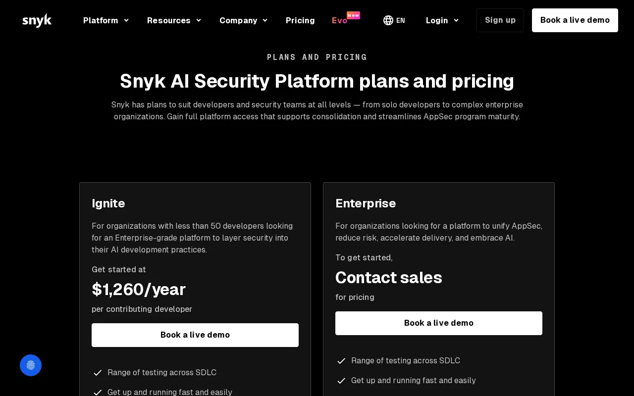 Snyk — pricing page