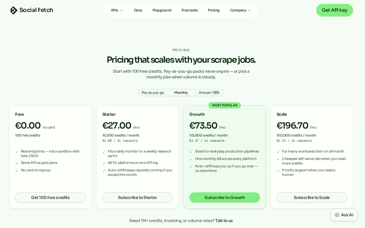 Social Fetch — pricing page