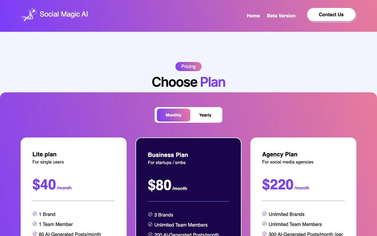 Social Magic AI — pricing page