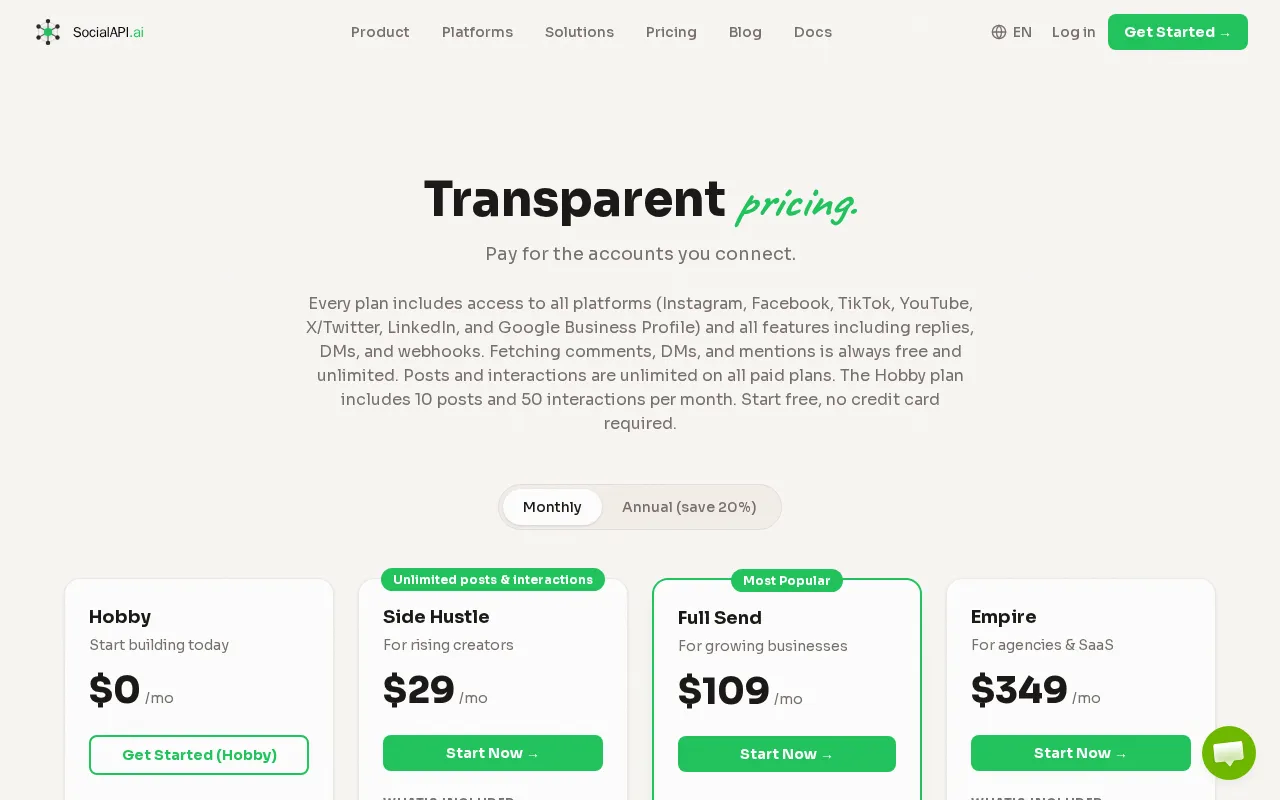 SocialAPI.ai — pricing page