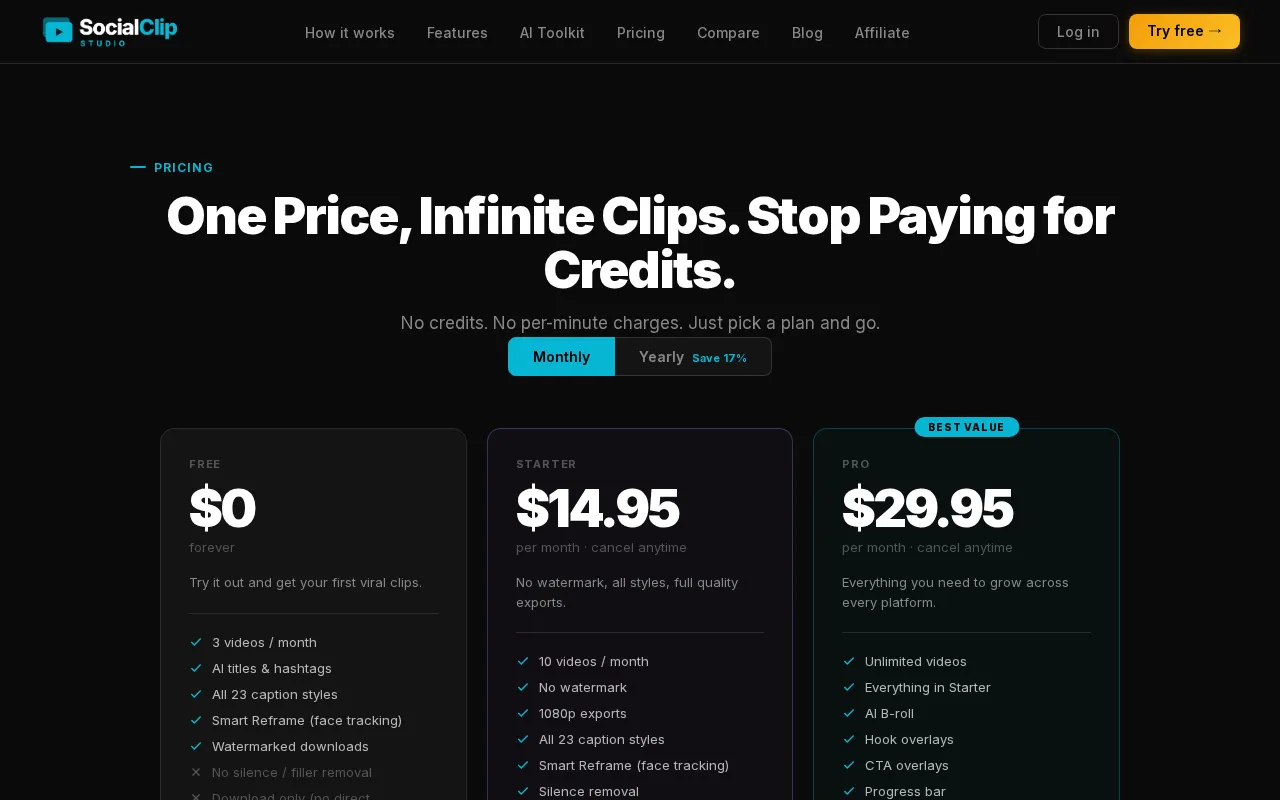 SocialClip Studio — pricing page