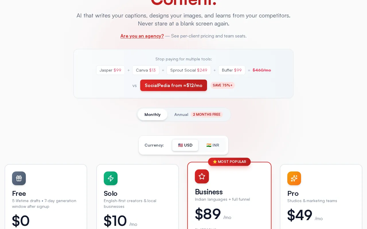 SocialPedia — pricing page