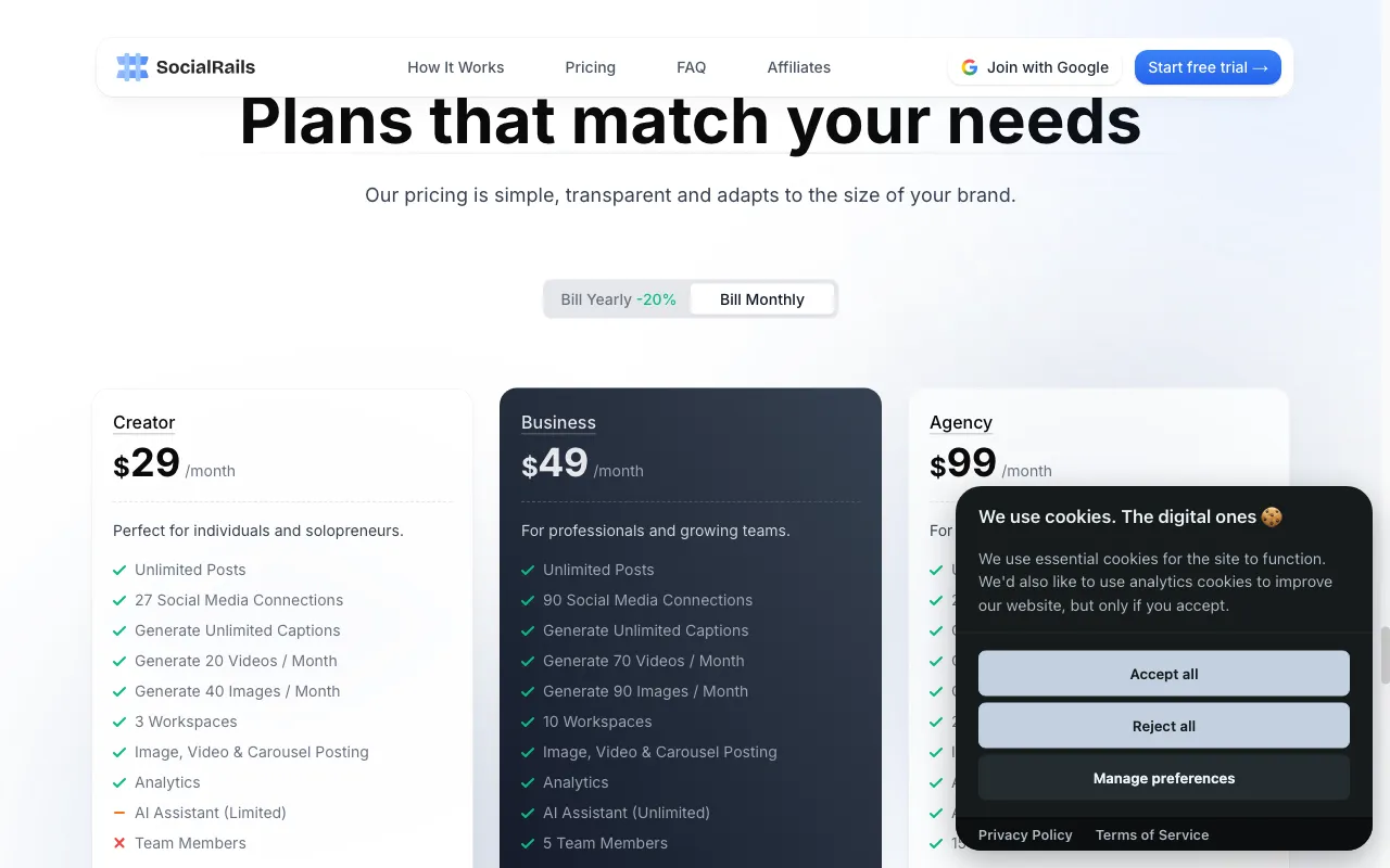 SocialRails — pricing page
