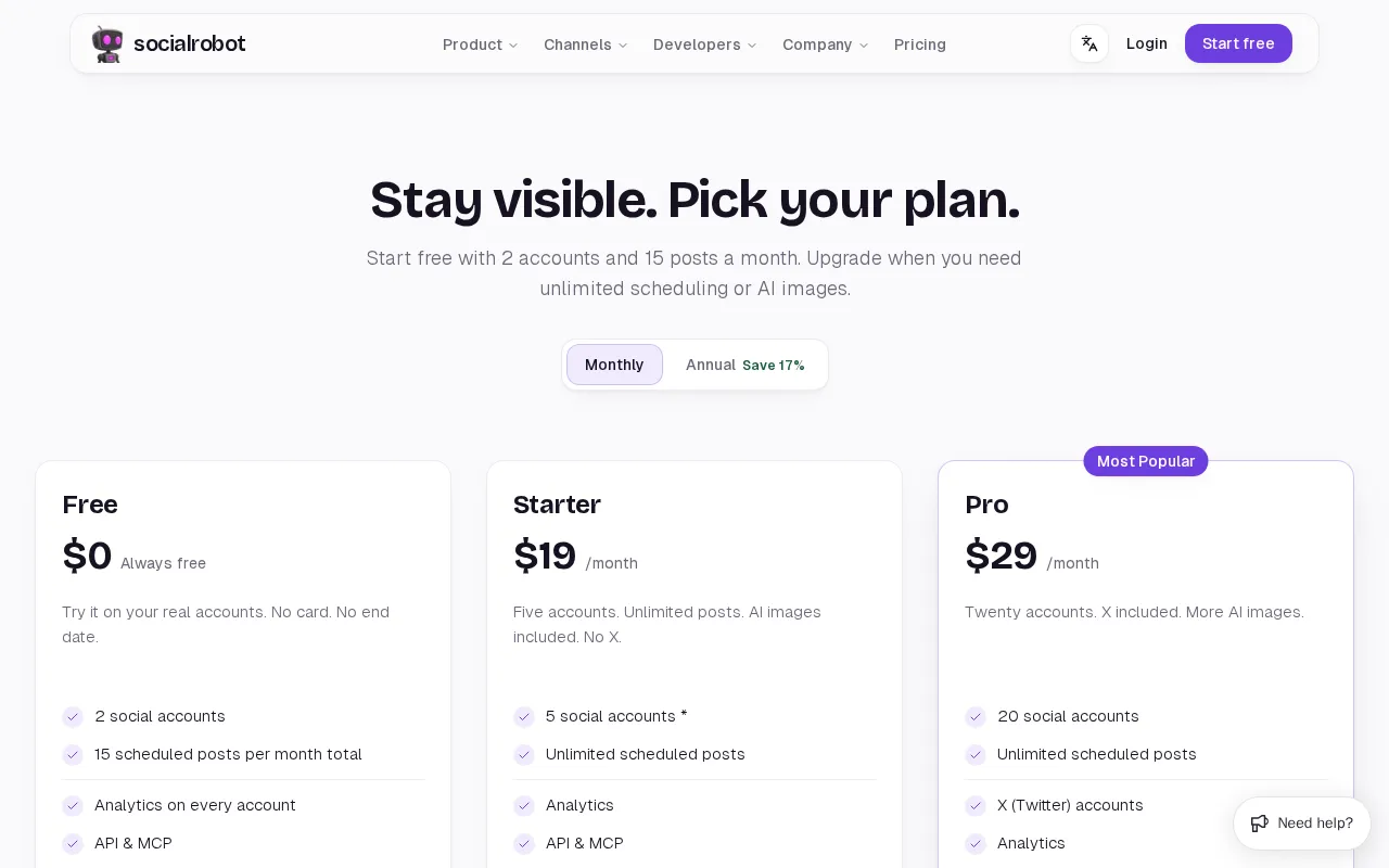Socialrobot — pricing page