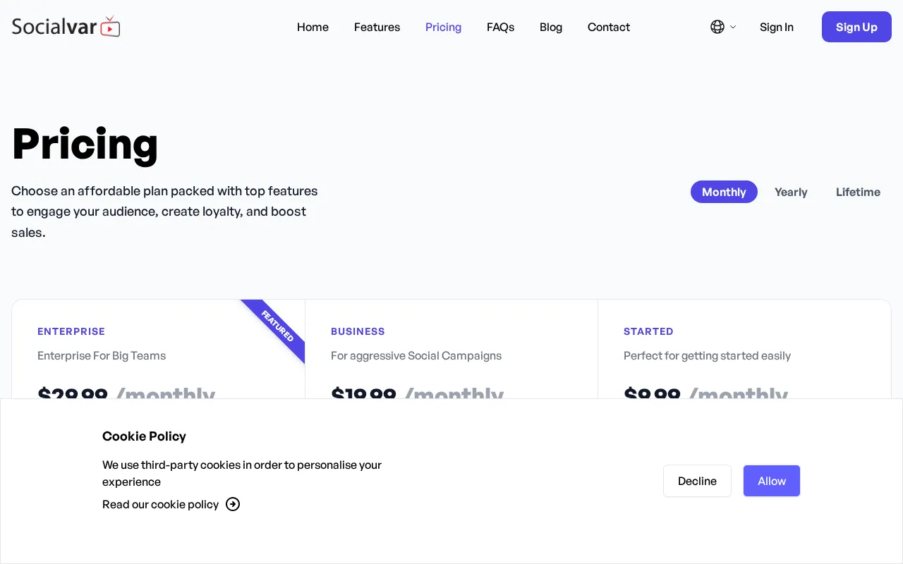 SocialVar.net — pricing page