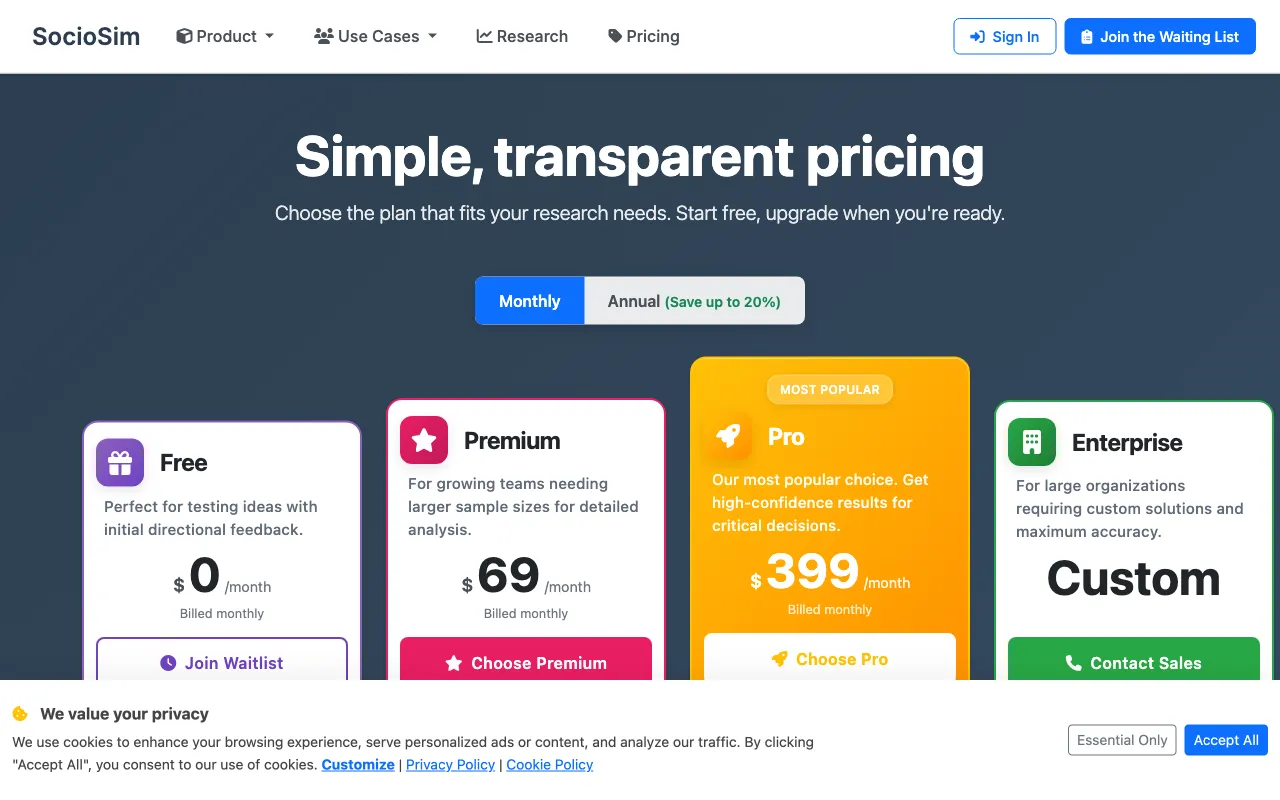 SocioSim — pricing page