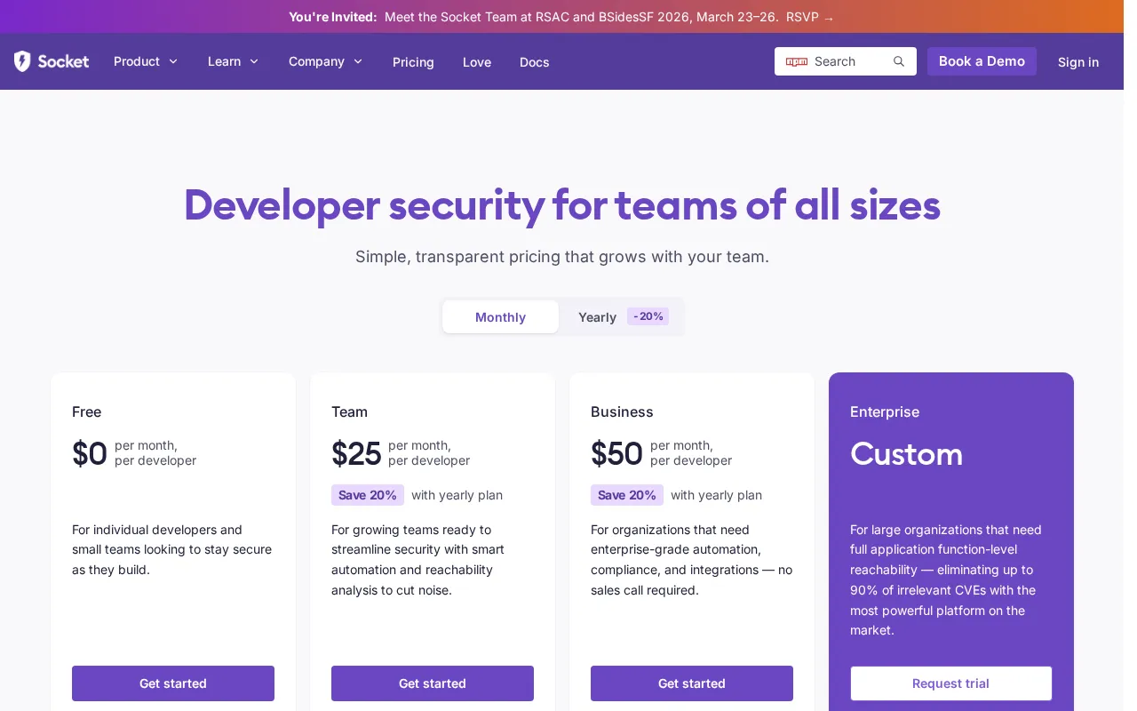 Socket — pricing page