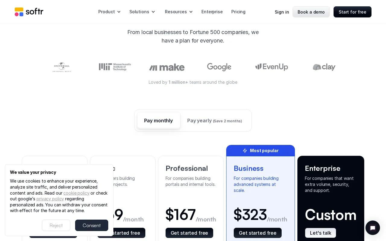 Softr — pricing page