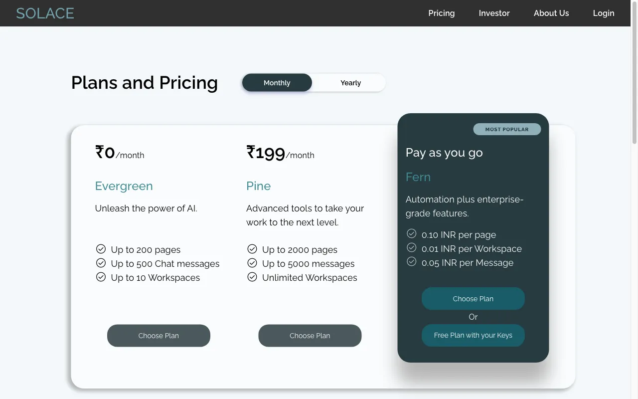 Solace AI — pricing page