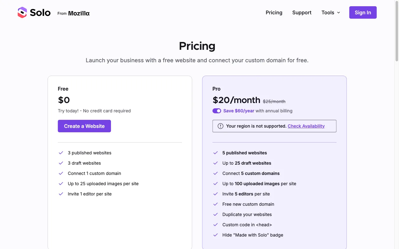 Solo AI Website Creator — pricing page