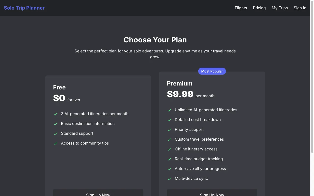 Solo Trip Planner — pricing page