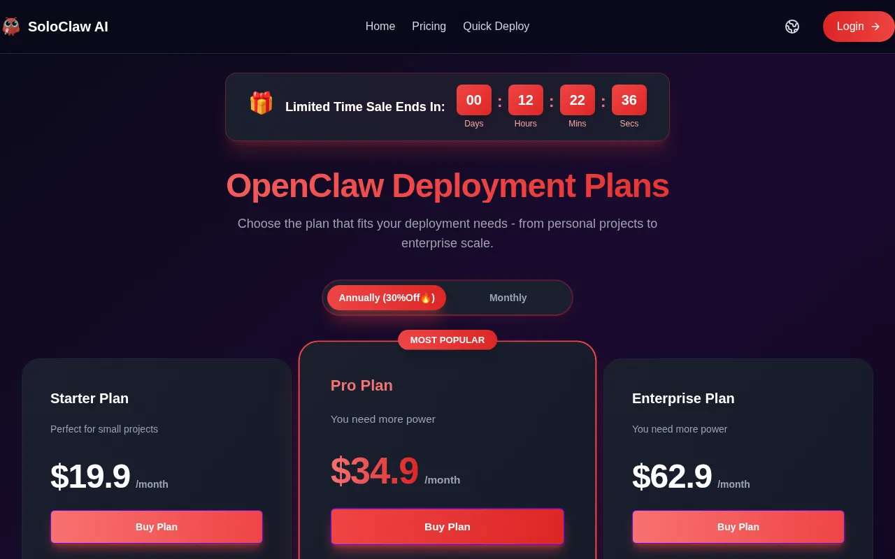 SoloClaw AI — pricing page