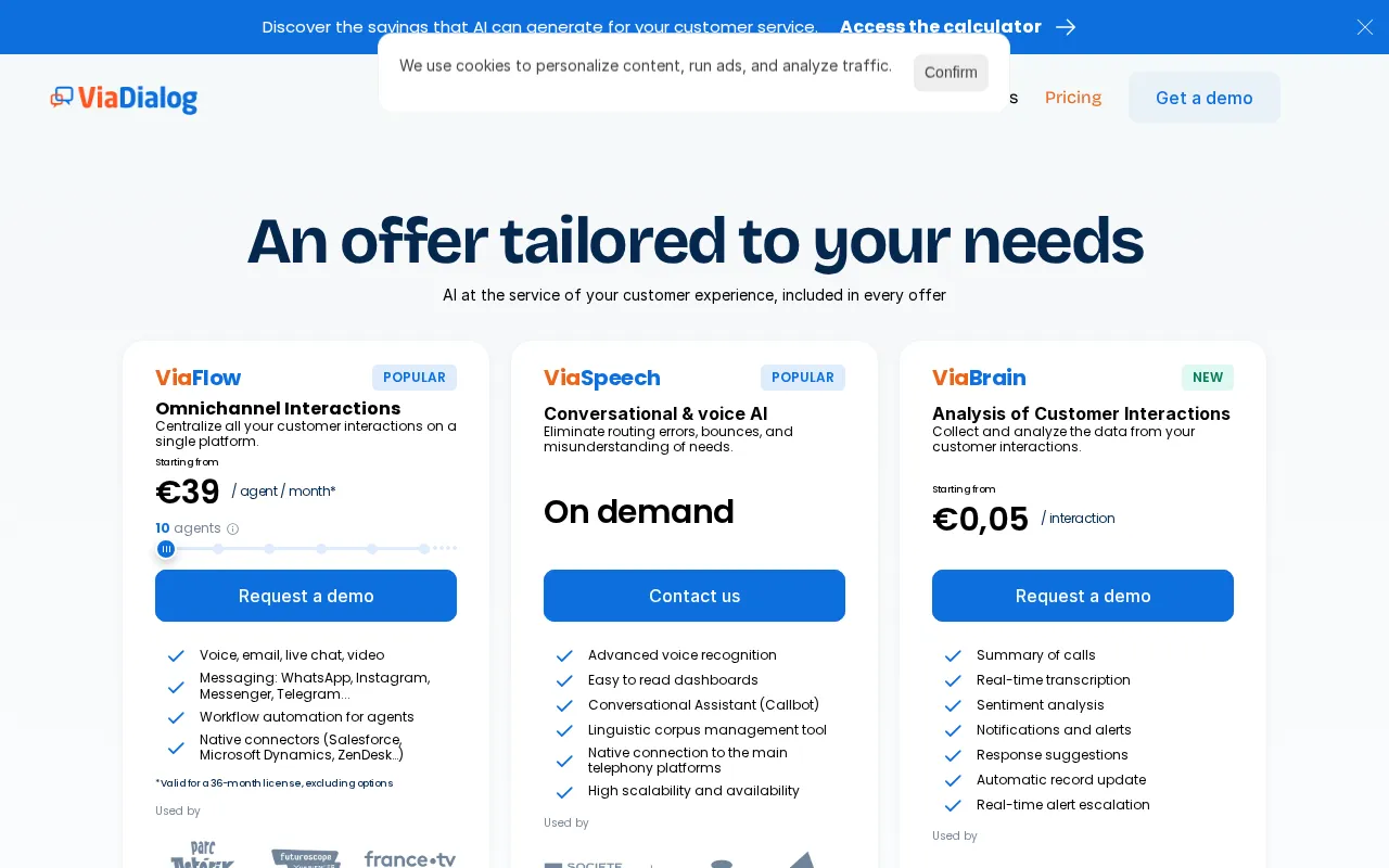 Solutions de service client alimentées par l'IA — pricing page