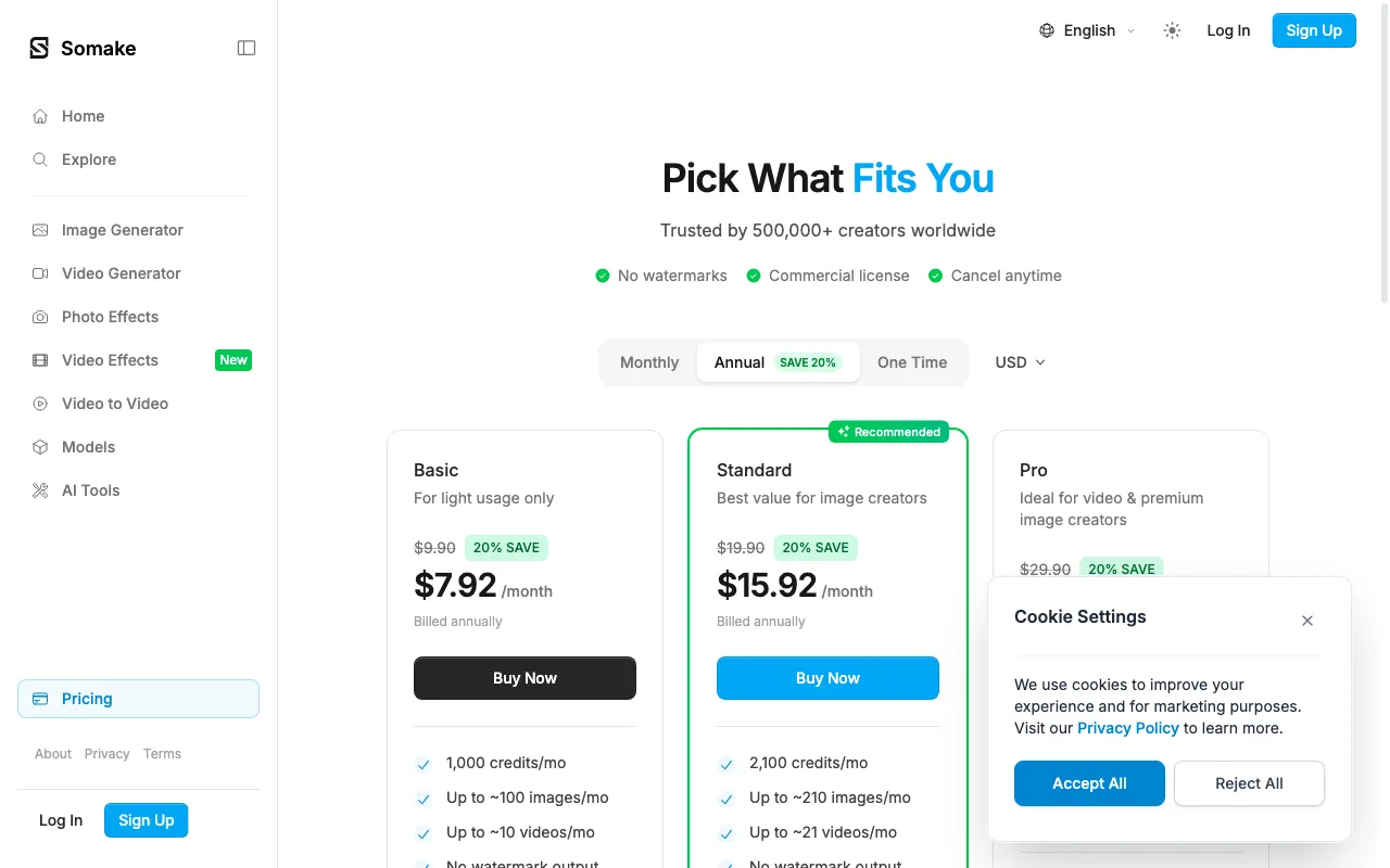 Somake AI — pricing page