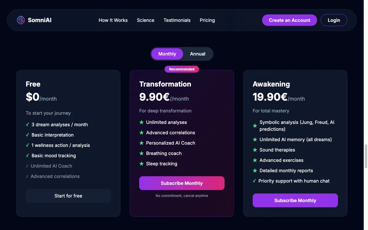 SomniAI — pricing page