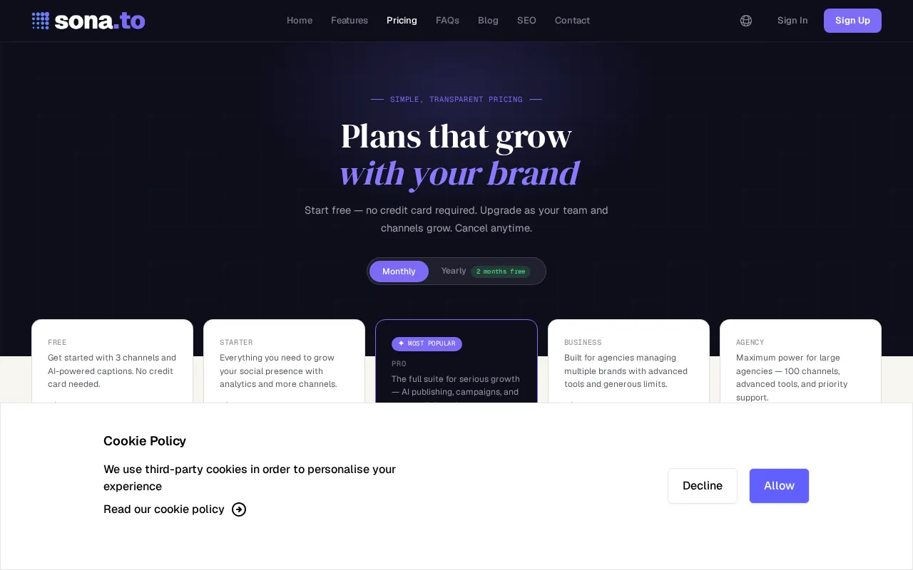 Sona — pricing page