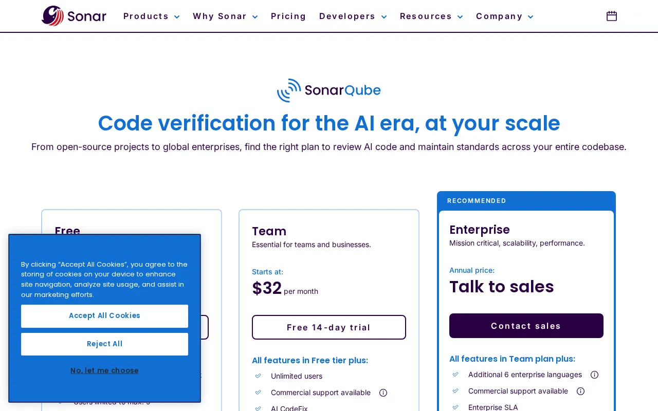 Sonar — pricing page