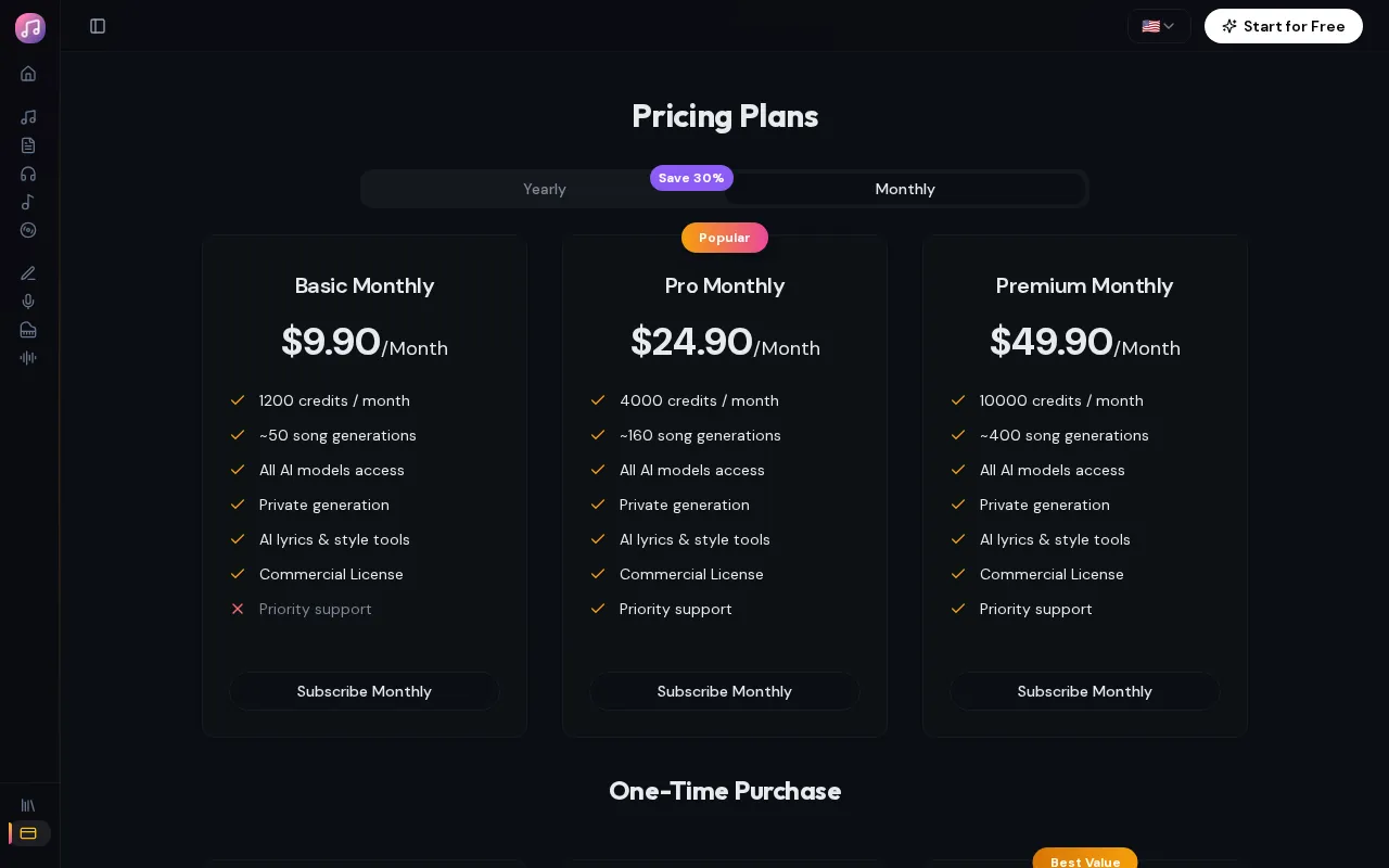 SongAI.io — pricing page