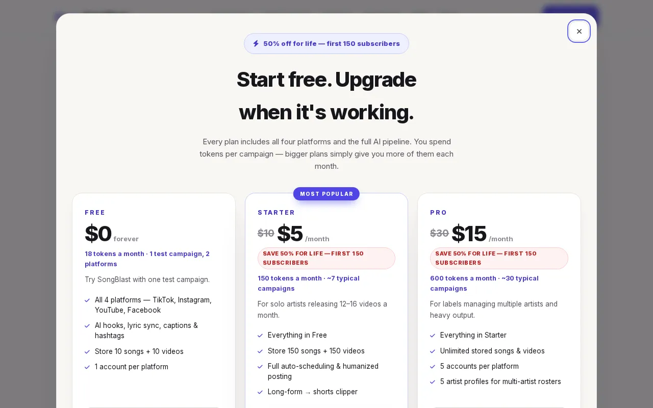 SongBlast — pricing page