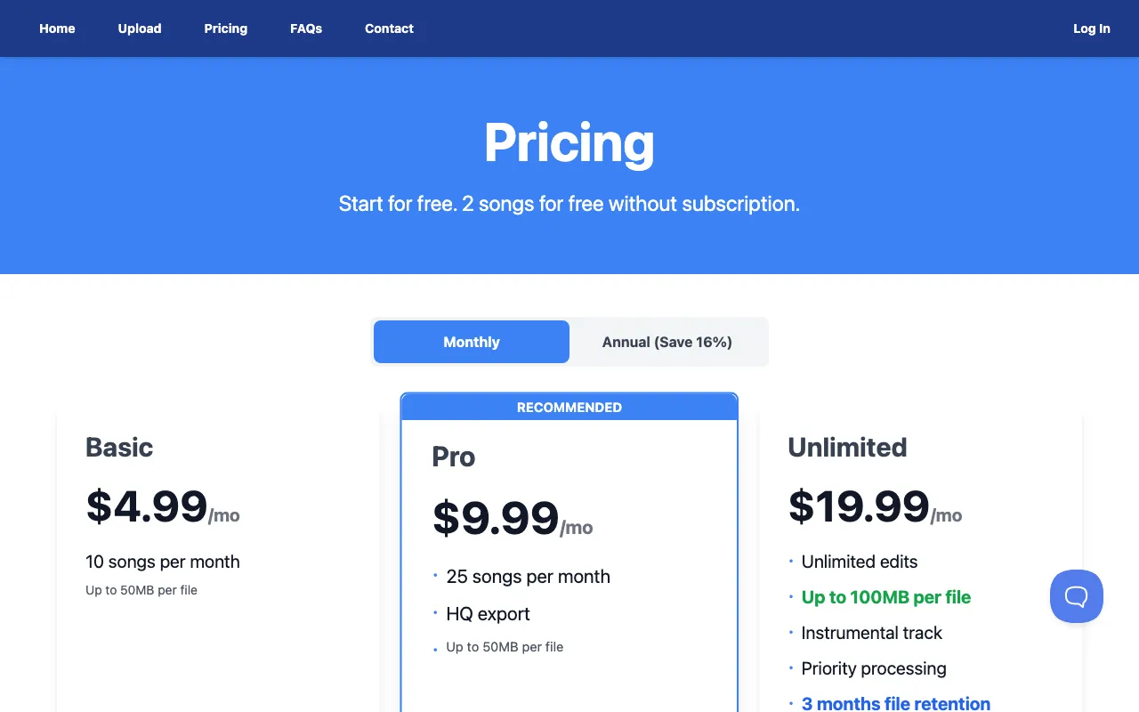 SongCleaner — pricing page