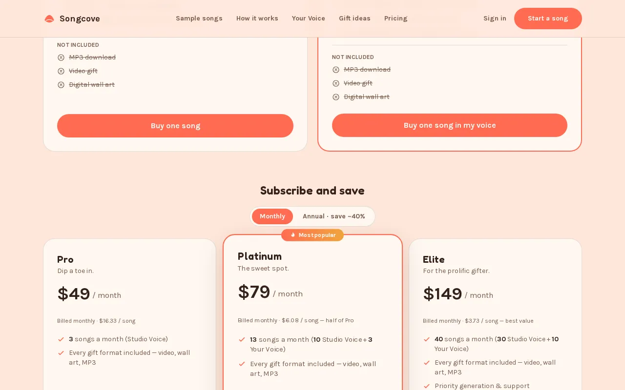 Songcove — pricing page