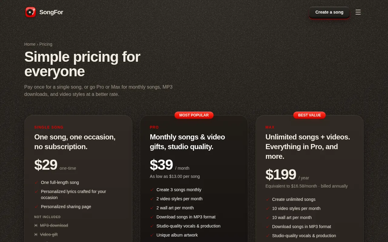 SongFor — pricing page