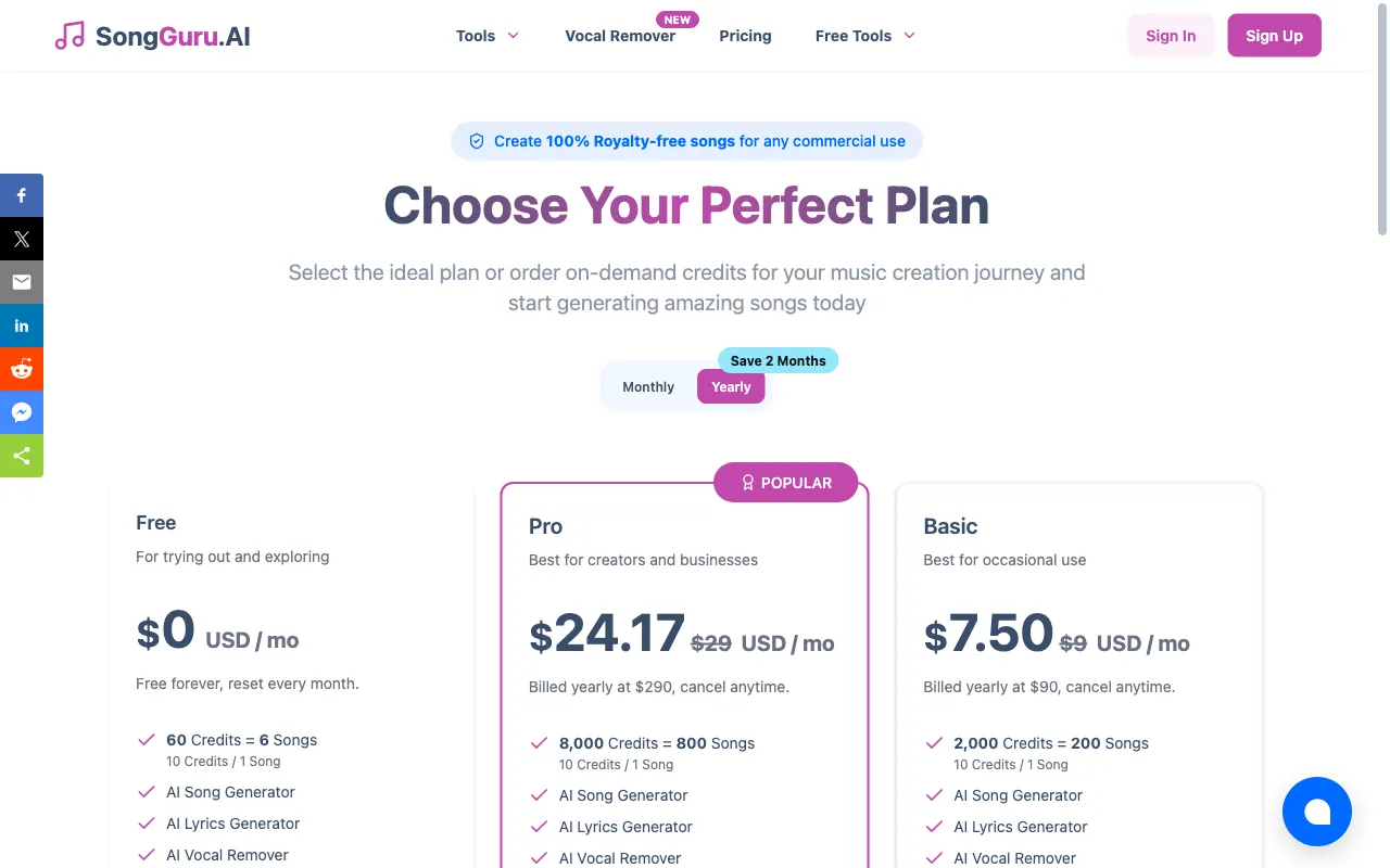 SongGuru — pricing page