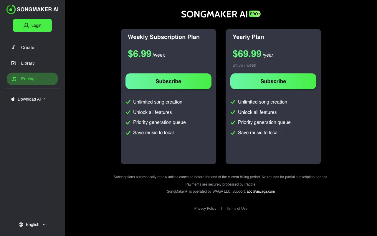SongMaker AI — pricing page