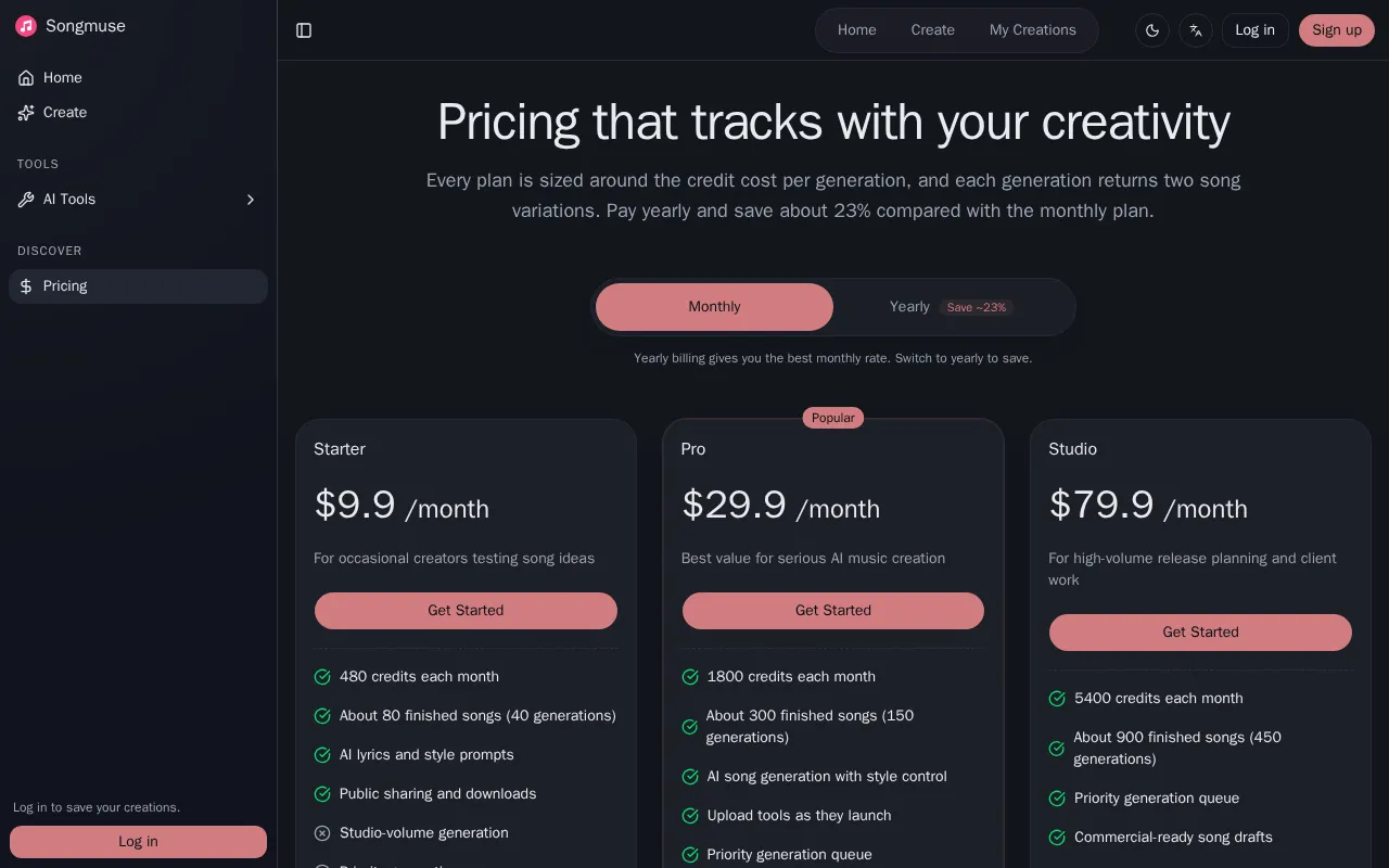 SongMuse AI — pricing page