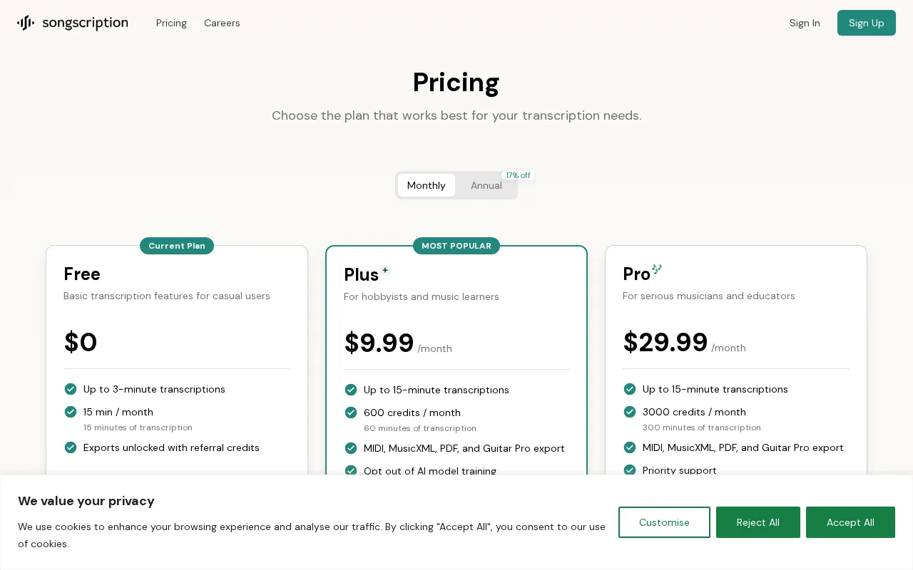 Songscription — pricing page