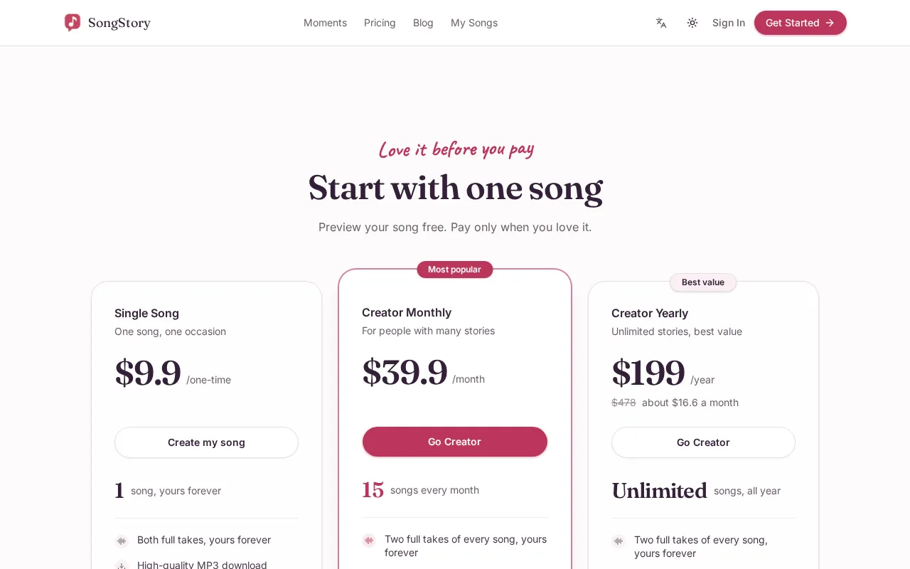 SongStory — pricing page