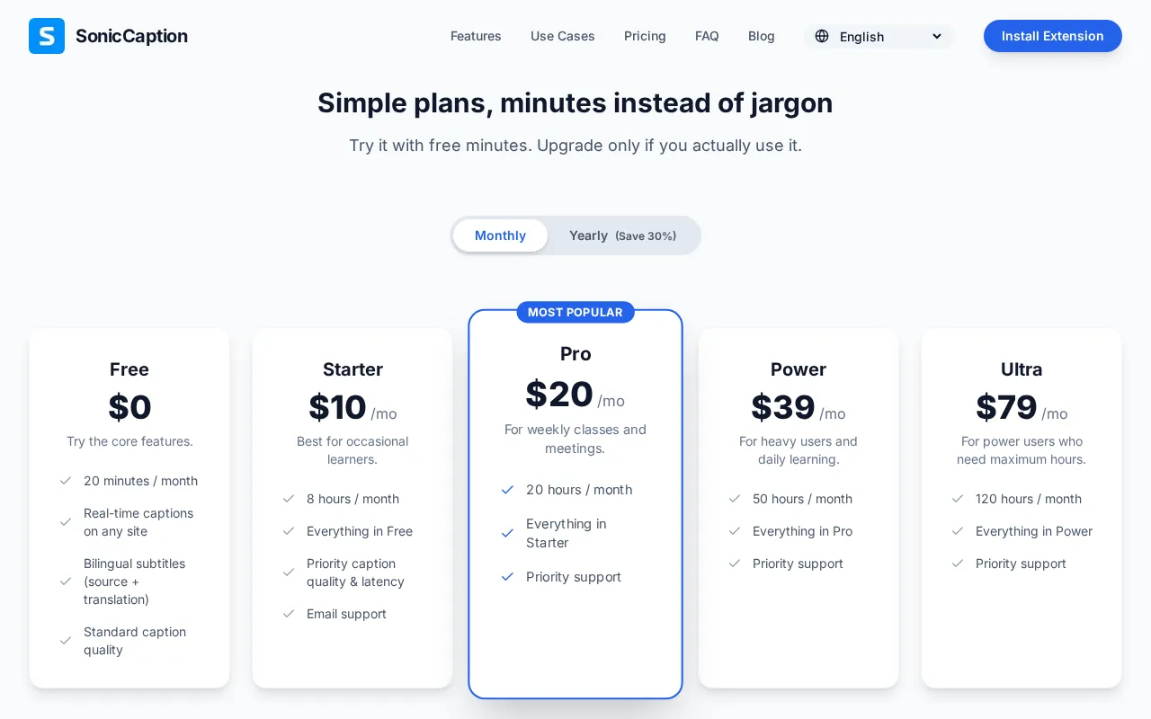 SonicCaption — pricing page
