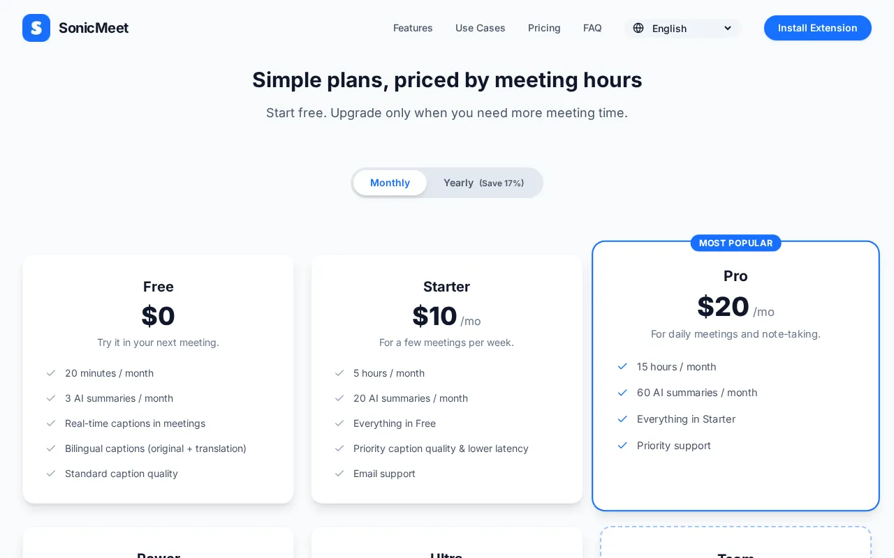 SonicMeet — pricing page