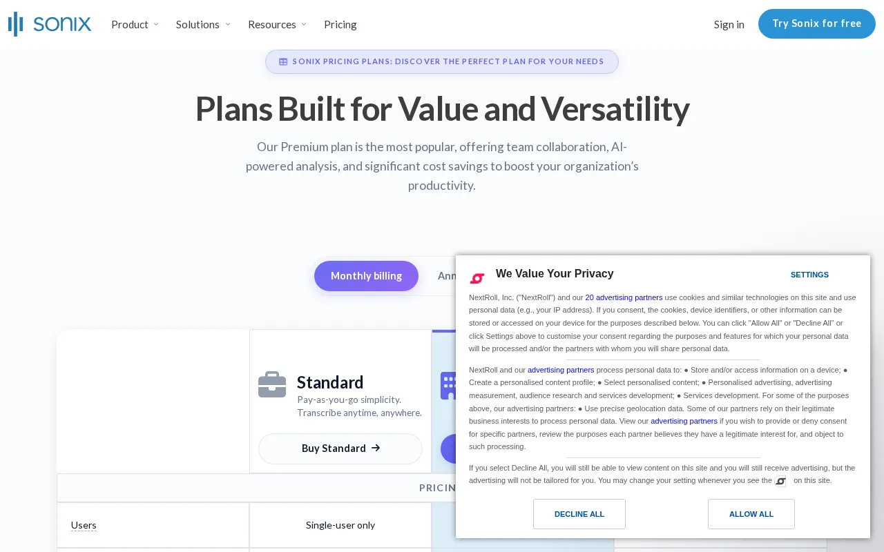 Sonix — pricing page