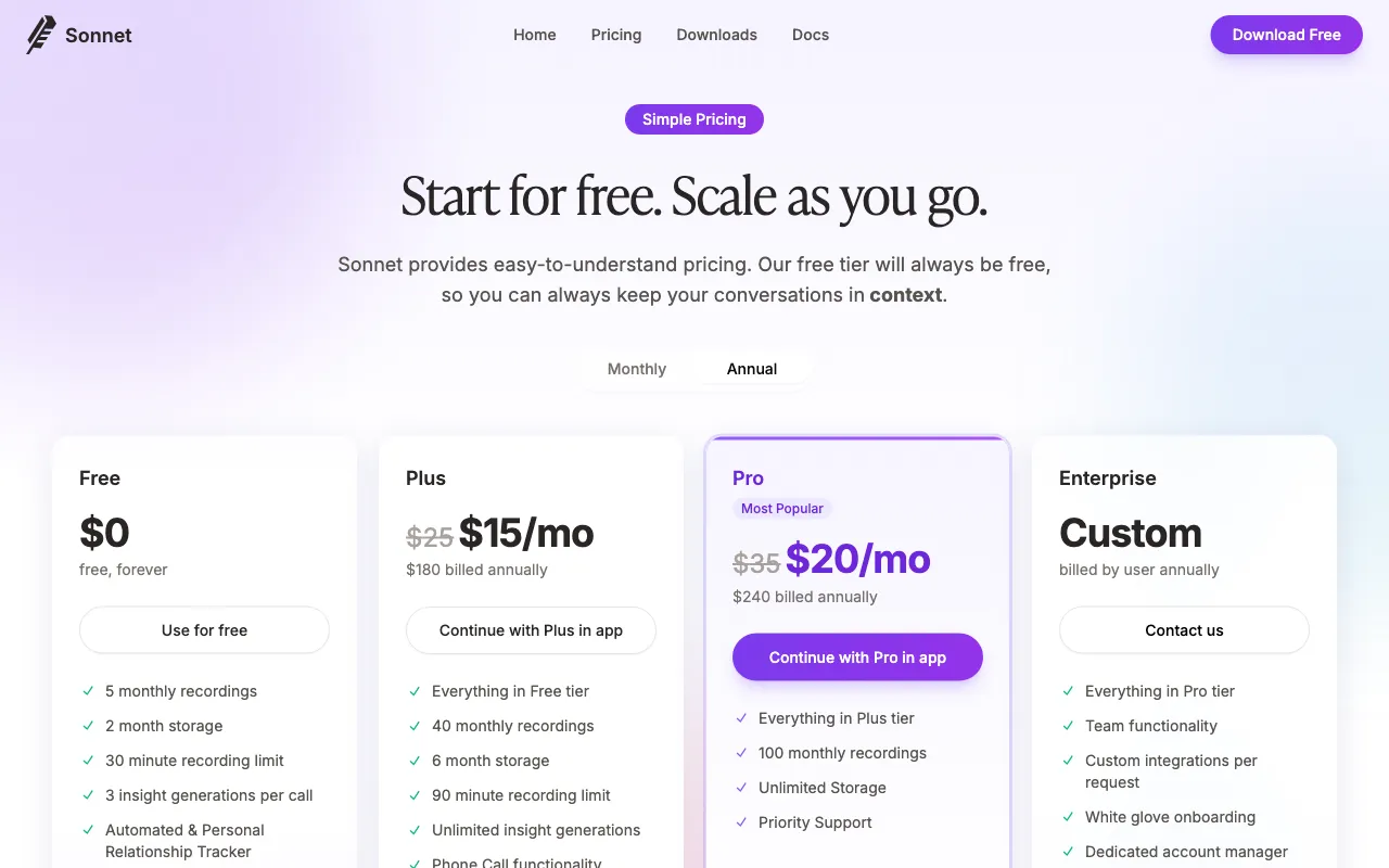 Sonnet — pricing page