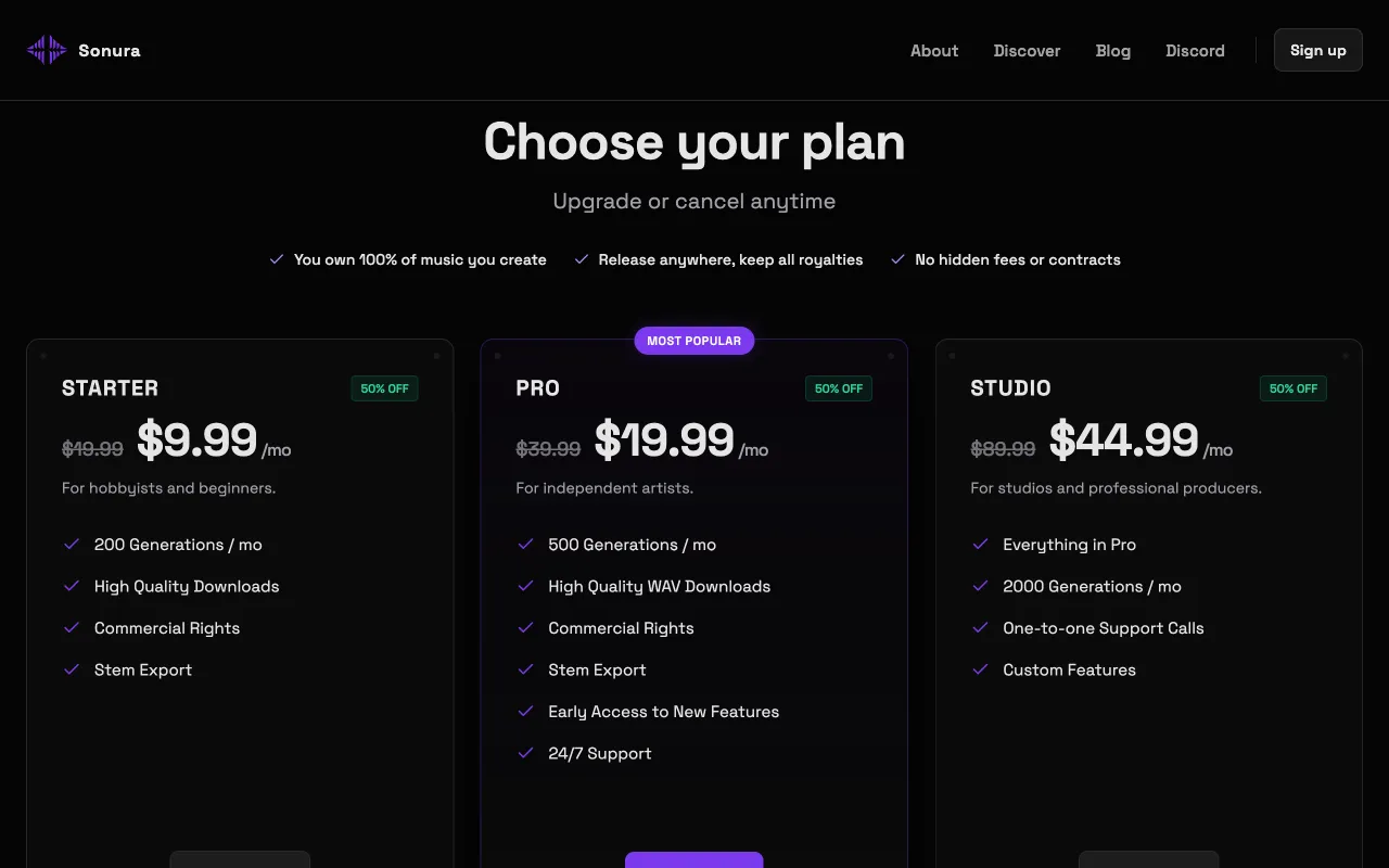 Sonura Studio — pricing page