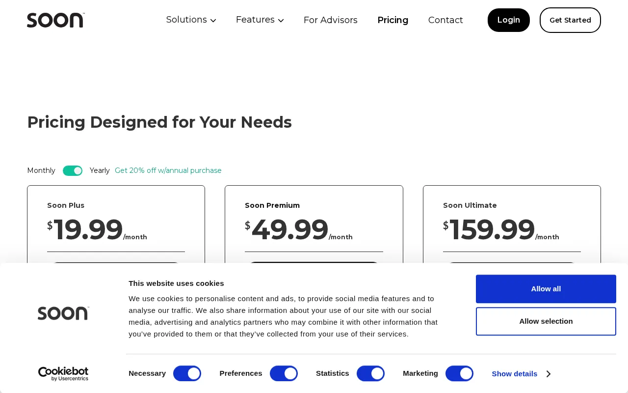 Soon app — pricing page