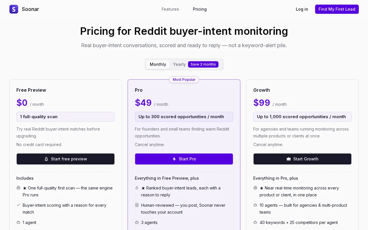 Soonar — pricing page