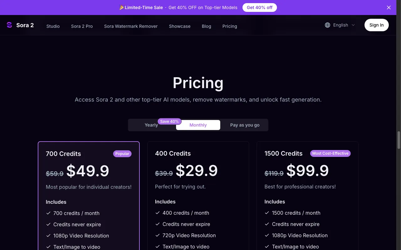 Sora 2 | OpenAI's Revolutionary AI Video Generator — pricing page