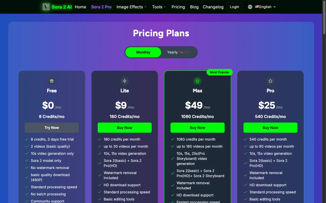 Sora 2 AI Video — pricing page