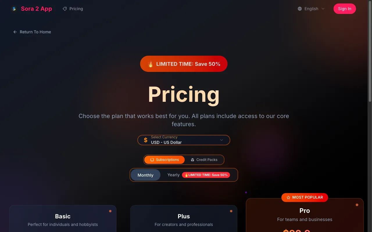 sora 2 app — pricing page