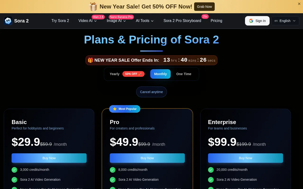 Sora 2 video — pricing page
