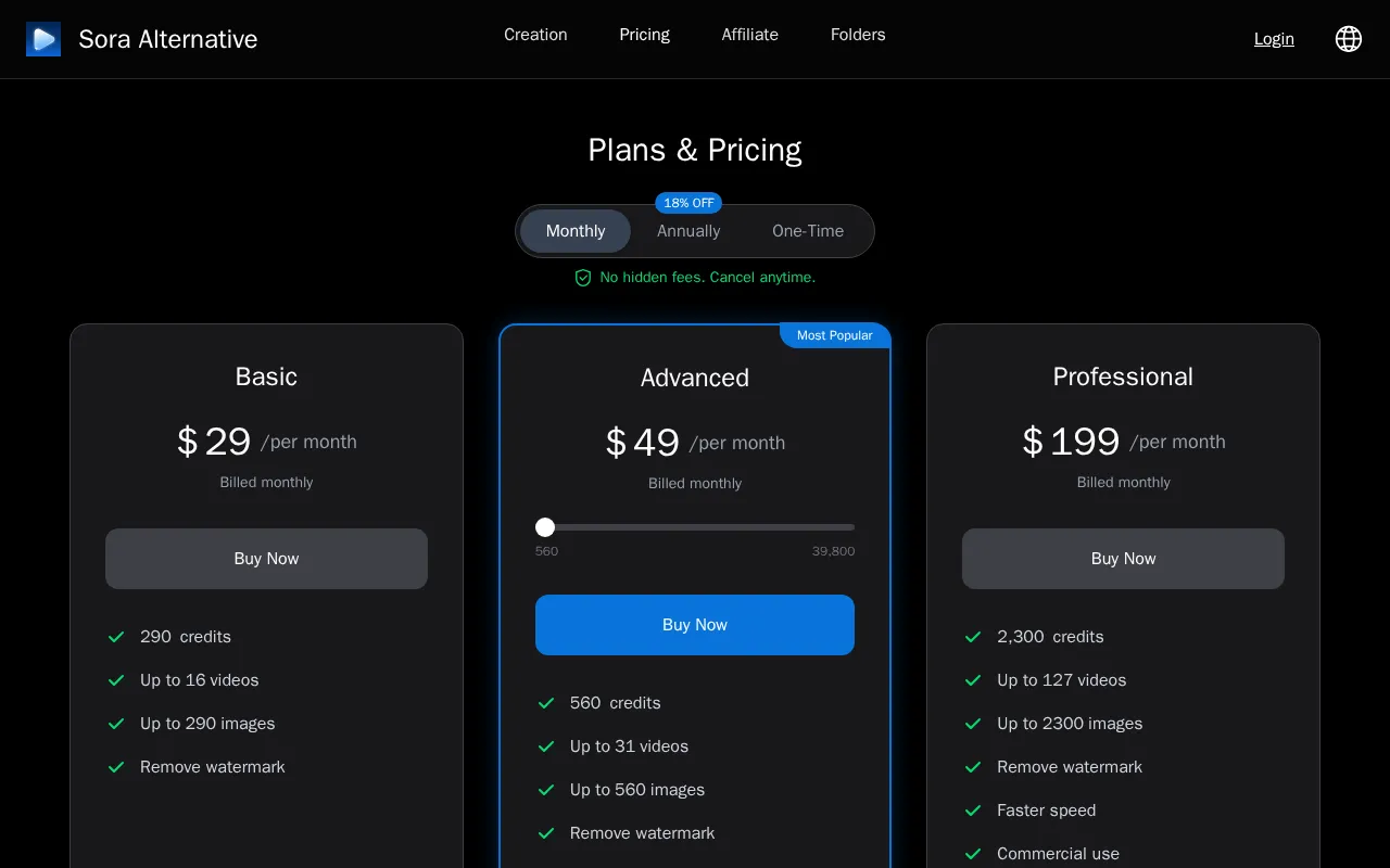 Sora Alternative — pricing page