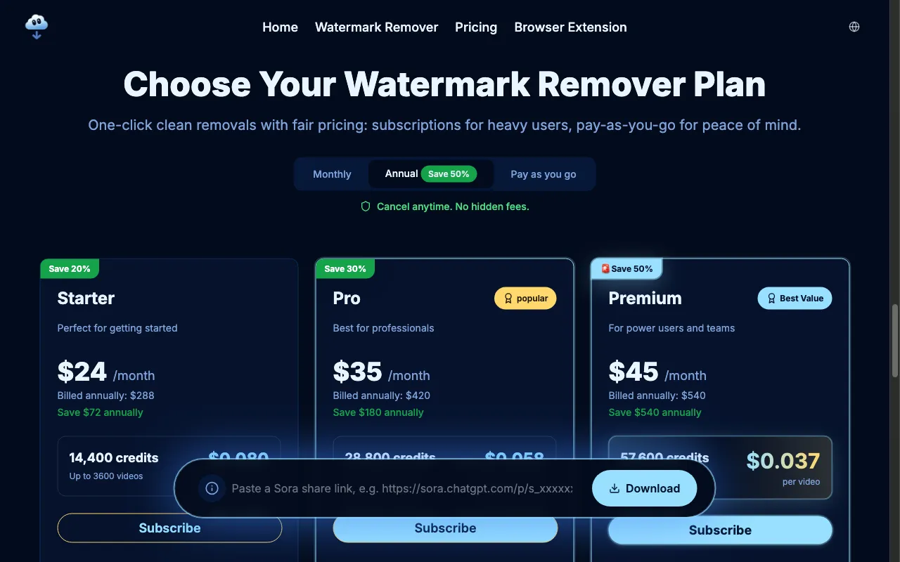Sora Watermark Remover — pricing page