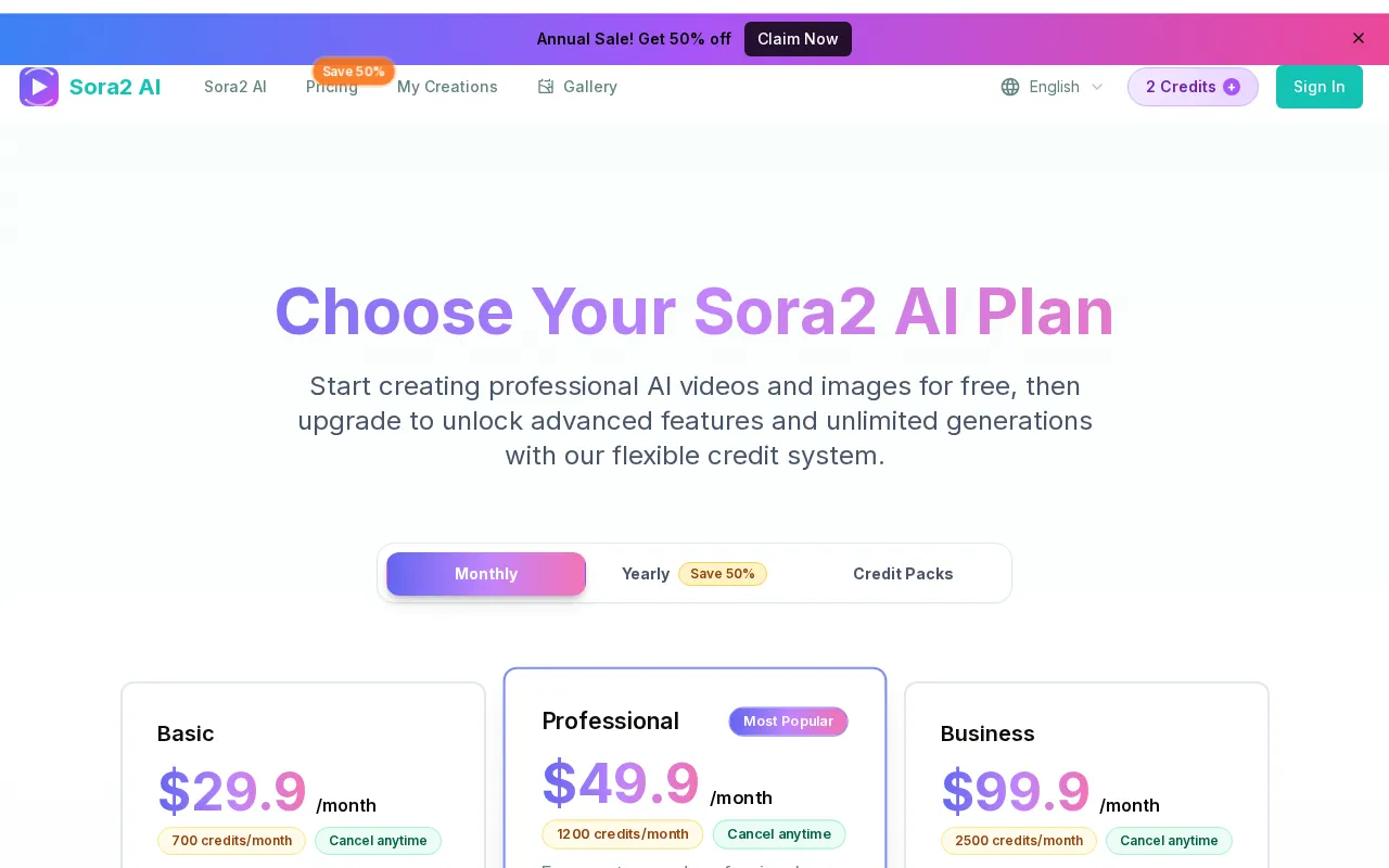 Sora2 AI Video — pricing page
