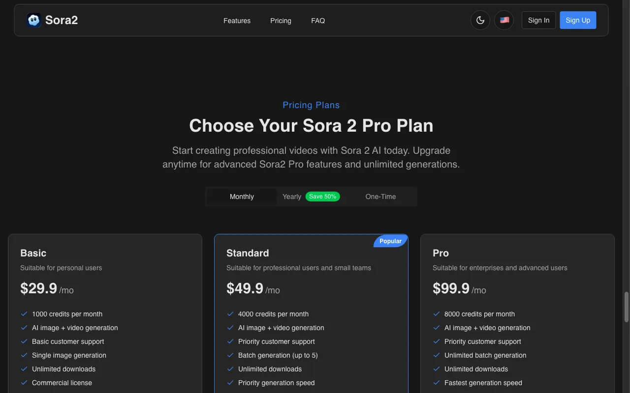 Sora2 Pro — pricing page