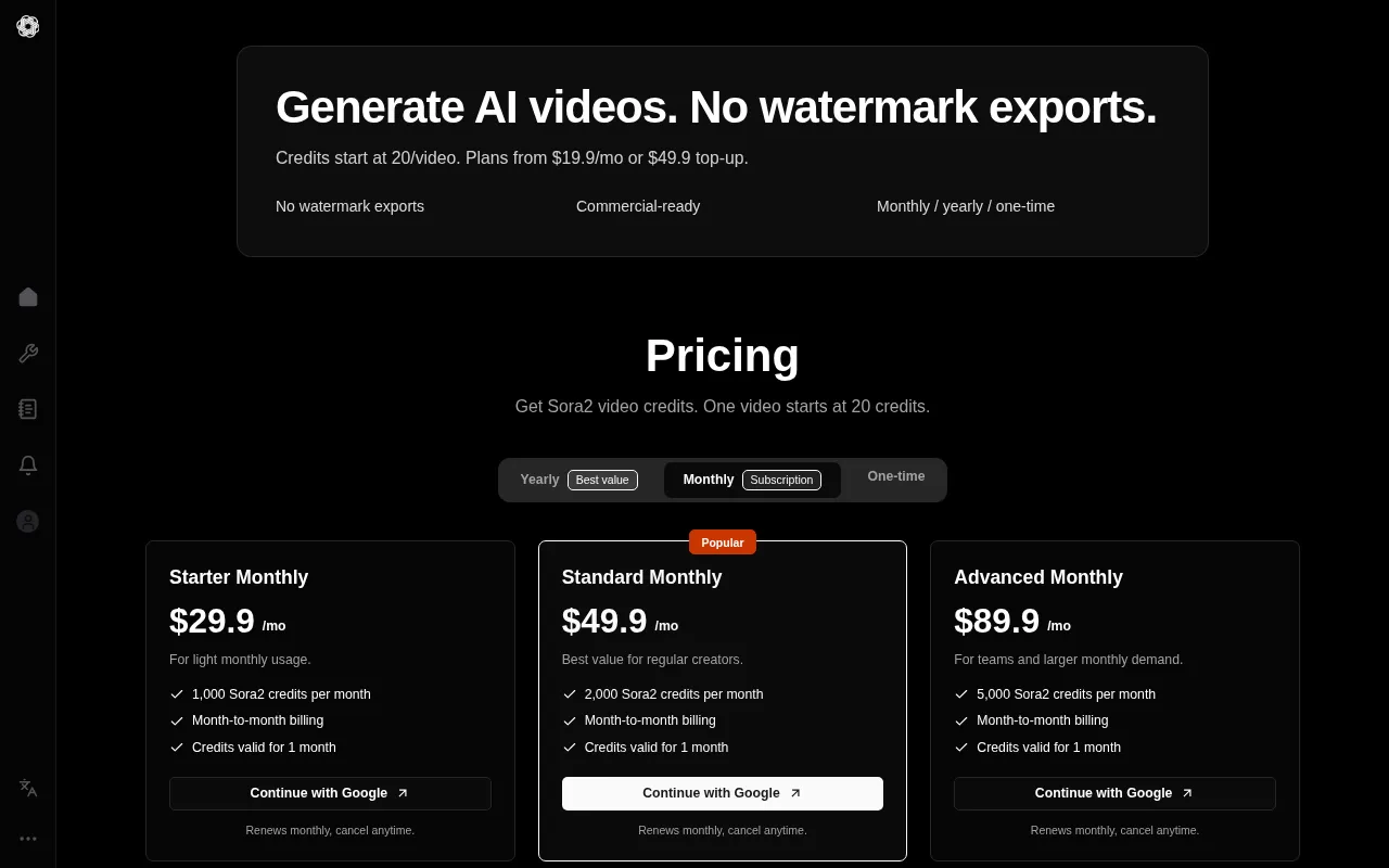 Sora2 Video Generator — pricing page